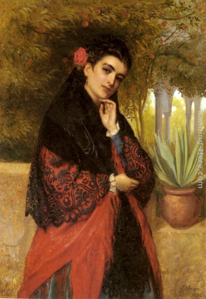 A Spanish Beauty in a Red and Black Lace Shawl painting - John Bagnold Burgess A Spanish Beauty in a Red and Black Lace Shawl art painting